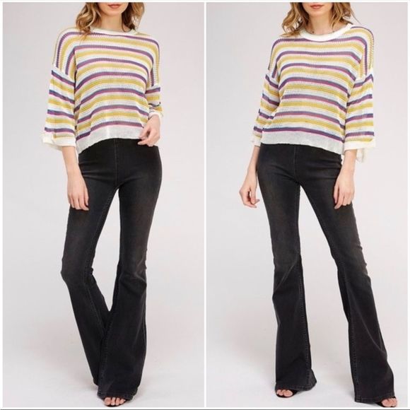 Black Vintage Washed Pull On Bell Bottom Flare Jeans with Raw Frayed Hem - Picture 4 of 5